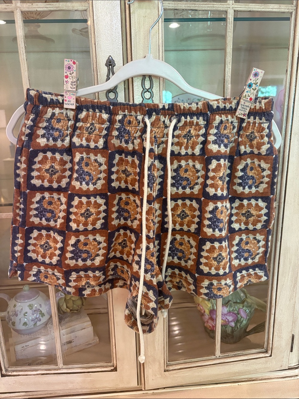 Urban Outfitters Brown & Navy Boho Tile Print Drawstring Shorts